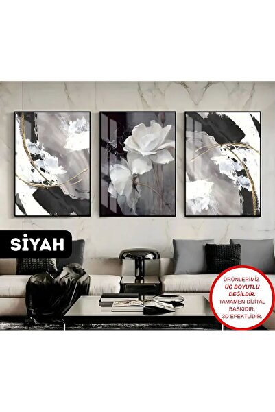 Harika bir ev |siyah- Gold Kombini Şık Çiçek-soyut Seti 3lü Dikey|çerçeveli T...