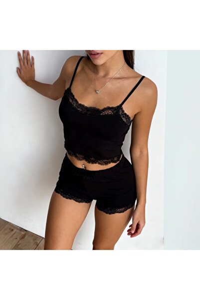 Eloria Fashion Γυναικεία μαύρη δαντέλα πιτζάμα σετ με σορτς
