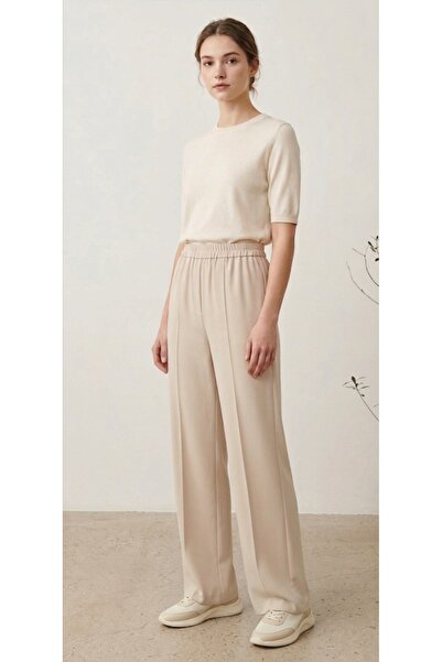 Dagü Design Women's Ribbed Elastic Waist Relaxed Beige Crepe Trousers