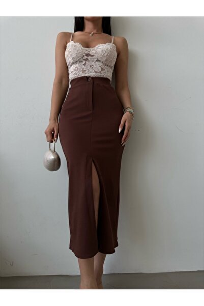 HerTon Γυναικεία πλεκτή φούστα με ψηλή μέση και σκίσιμο μπροστά, μήκους midi