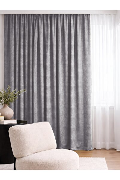 FAVOLLİ Kadife Dokulu Gri Ada Fon Perde Ekstrafor Büzgülü Dream Series