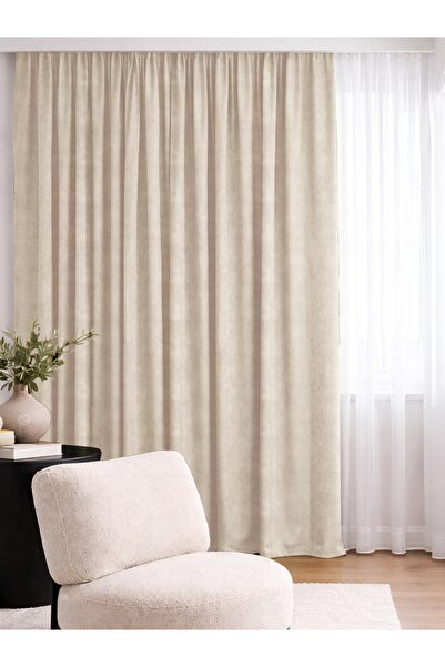 FAVOLLİ Kadife Dokulu Ekru Ada Fon Perde Ekstrafor Büzgülü Dream Series