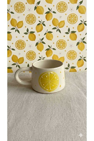 El Yapımı Seramik Silindir Limon Kahve Fincanı, Seramik Double Kupa, Yuvarlak Kulp, Seramik Limon