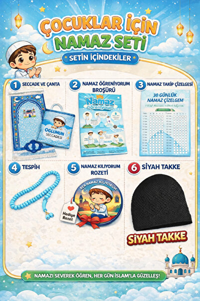 simply line Çocuk Takke Tesbih Seccade Çanta set Oğlumun Seccadesi Namazlık N...