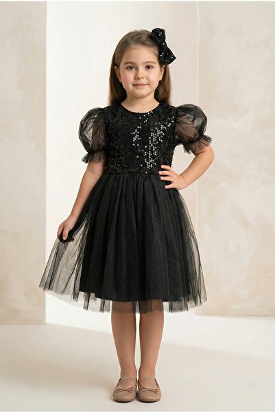 Mnk Baby&Kids Balon Kol Pul Payet Kız Çocuk Tütü Elbise M00751 SİYAH