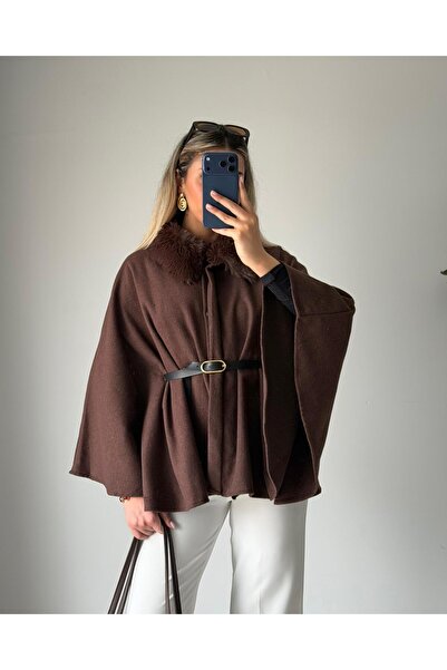 Güneş Παλτό Πόντσο Υπερμεγέθους με Λούτρινο Γιακά – Καφέ