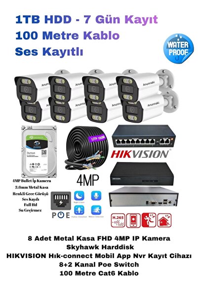 Anunnaki 8’li 4MP Sesli Dış Mekan IP Kamera Seti – POE Switch – NVR – Harddis...