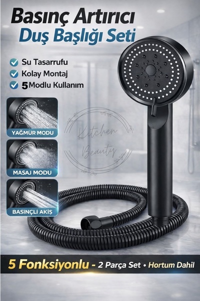 Kitchen Beauty 5 Fonksiyonlu Duş Başlığı Ve Siyah Duş Hortumu 150 Cm Set