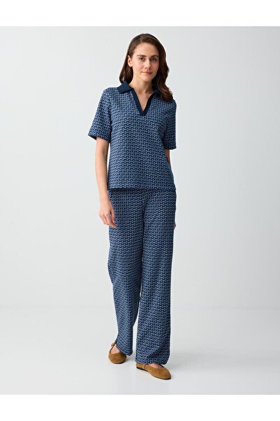 Jimmy Key Navy Blue Wide Leg Regular Waist Geometric Pattern Knitted Trousers