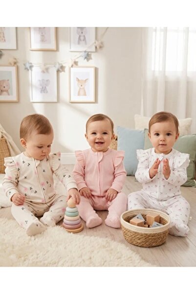AKİ MODA KİDS Patterned Zippered Baby Girl 3-Piece Cotton Romper Set with Ruf...