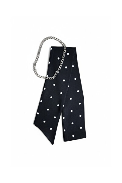 maia Black Polka Dot Patterned Scarf Necklace - Silver Color Chain