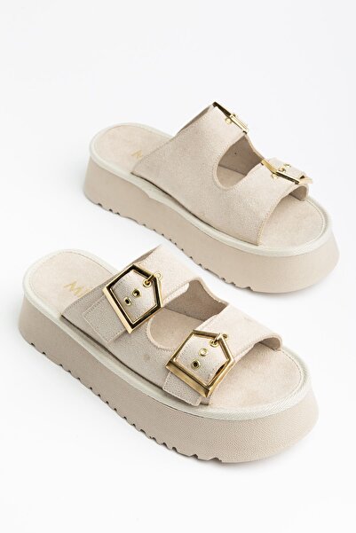 Hayalimdeki Ayakkabı Γυναικείες παντόφλες με διπλή πόρπη σε μπεζ καστόρινο χρ...