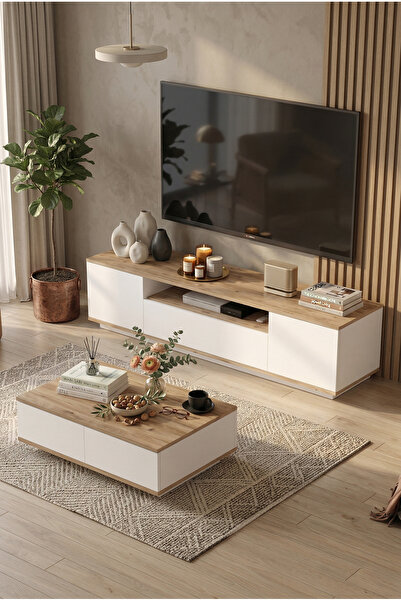 Robin Home Loft Tv Ünitesi Orta Sehpa 2'li Set Çam-beyaz