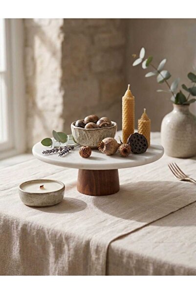 FARALYAHOME FARALYA CONCEPT DOĞAL BEYAZ MERMER AHŞAP AYAKLI KEK STAND 28 CM SUNUM PASTA TABAĞI