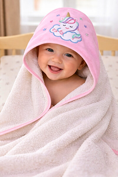 Tomuycuk %100 Pamuklu Başlıklı & Unicorn Nakışlı Bebek Banyo Havlusu- Yumuşak...