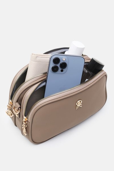 Les Crioch Dark Mink 3 Compartment Buzzy Satin Leather Daily Women's Shoulder Bag with Adjustable Column Strap
