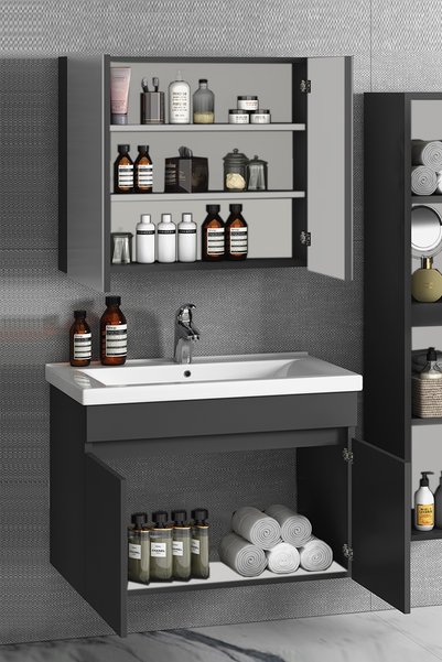ÖZCEDEN Çiğdem 80+35 cm Antrasit Gri Mat MDF Seramik Lavabolu Sepetli Asma Banyo Dolabı Takımı