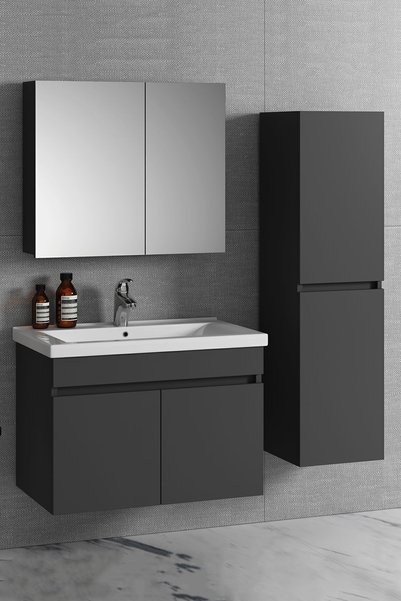 ÖZCEDEN Çiğdem 80+35 cm Antrasit Gri Mat MDF Seramik Lavabolu Sepetli Asma Banyo Dolabı Takımı