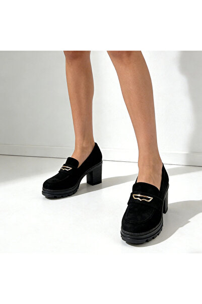 Tmall Pantofi casual de dama,Din piele ecologica,Cu toc gros,P1248,Negru