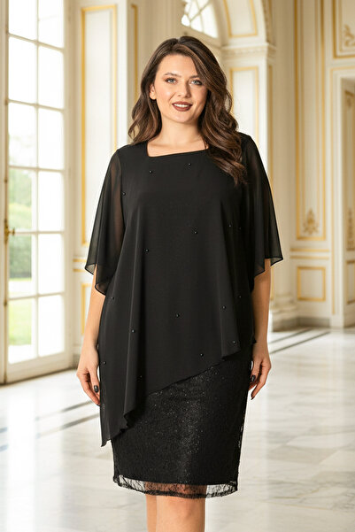 SUBU TASARIM Βραδινό φόρεμα με πέρλες σιφόν μαύρο FHM908