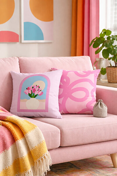 Homeilla Pembe Vazolu Çiçek ve Pembe Desenli Dijital Baskı Çİft Taraflı 2'li ...