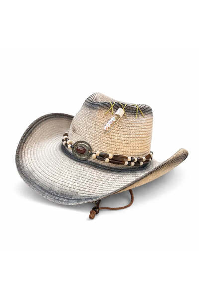 Pursehuit Pălărie stil cowboy, bej, lucrată manual, model unic, accesorizată ...