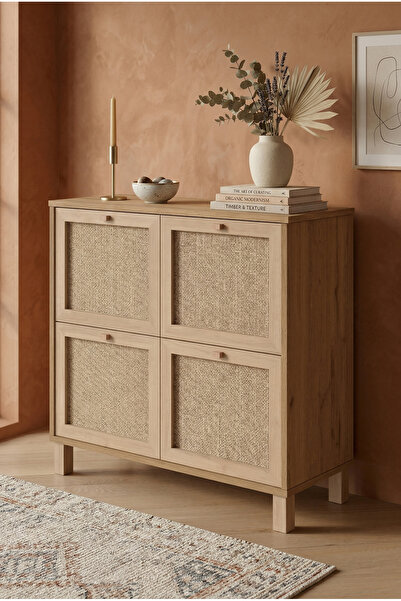 Robin Home Arizona Ayakkabılık Çok Amaçlı Dolap Ahşap Ayaklı Ahşap Jüt Kapakl...