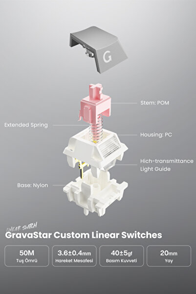 Gravastar Mercury K1 RGB Kablosuz Mekanik Gaming Klavye, İngilizce Q, Gradient White