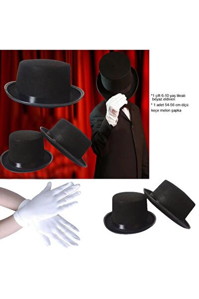 partidolu Halloween Keçe Melon Atatürk Gösteri Şapkası ve Beyaz Eldiven Set 6...