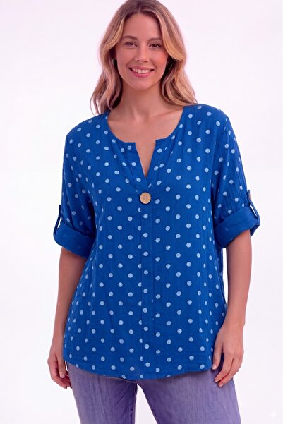 AYASOFYA OTANTIK Γυναικεία ιταλική μπλούζα με μπλε πουά σχέδιο, λεπτομέρεια μ...