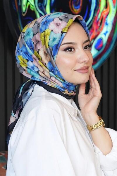 AFVENTE Μαλακό βαμβακερό κασκόλ με μοτίβο λουλουδιών ορτανσίας μπλε κοβαλτίου