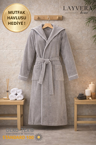 Layvera Halat de baie unisex gri, 100% bumbac |   De înaltă calitate, cu glug...