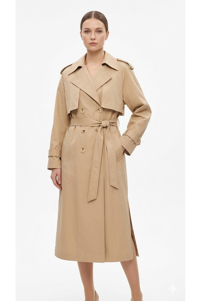 EQ MODA Kadın Uzun Bej Trençkot