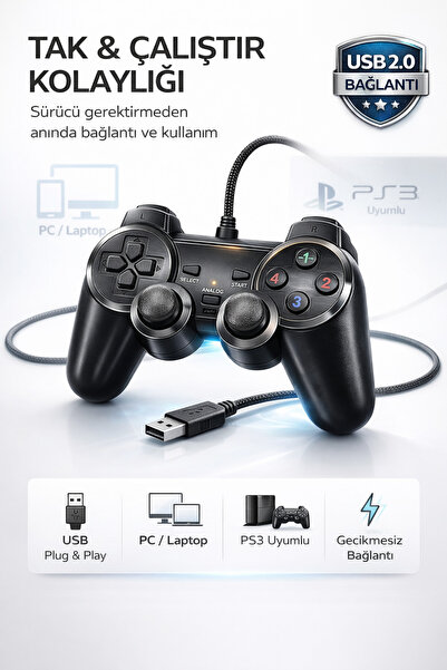 Maybax Oyun Kolu Pc Laptop Ps3 Uyumlu Usb 2.0 135cm Kablo Çift Analog Stick