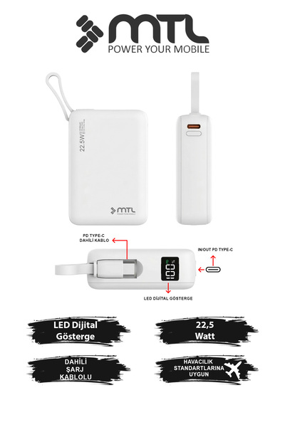 MTL 20000 mAh 22.5W Süper Hızlı Şarj Dahili Kablolu LED Göstergeli PD ve QC 3...