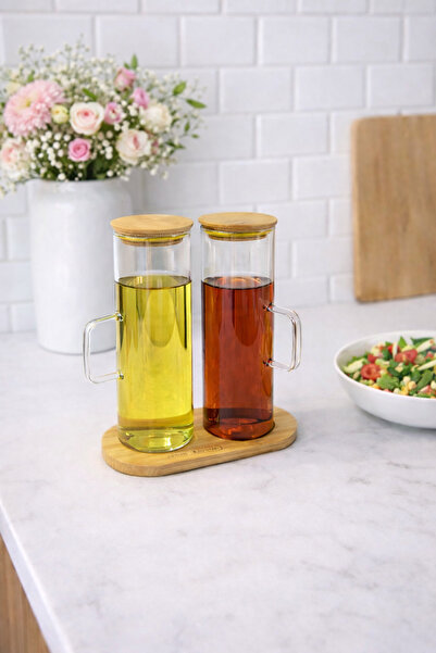 ARVALE Lavino 3 Parça 400 ML Borosilikat Yağlık - Bambu Altlık Ve 2 Adet Bamb...