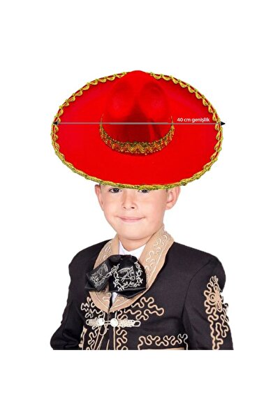 partidolu Kırmızı Renk Keçe Kumaş Meksikalı Latin Mariachi Şapkası Altın Şeri...