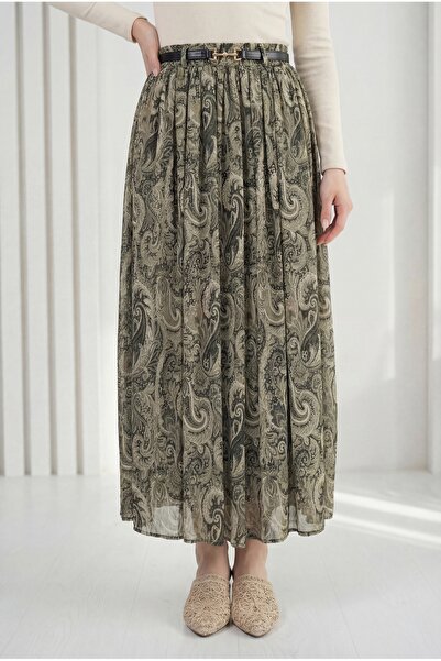 BENAHOLL Φούστα σιφόν με σχέδιο Müberra και ζώνη-FA1073 Χακί