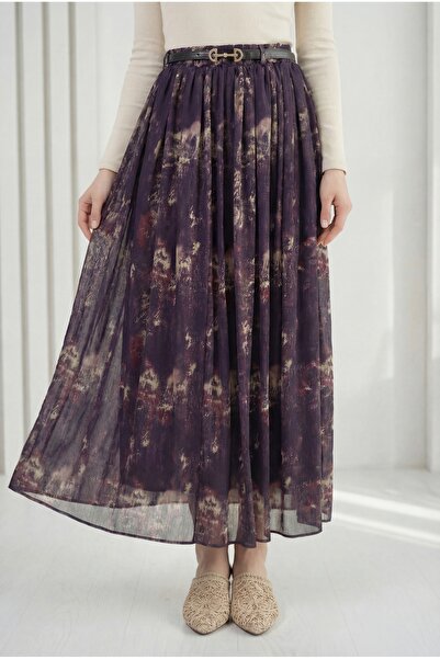 BENAHOLL Müberra Patterned Belted Chiffon Skirt-Fa1073 Purple