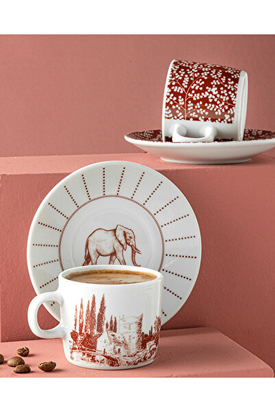 English Home Elephant Porselen 4 Parça 2 Kişilik Kahve Fincan Takımı Bordo