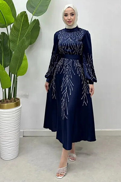 Tesettür Diyarı Γυναικείο Βραδινό Φόρεμα Τεσεττούρ σε Ναυτικό Μπλε - Με Ζώνη ...