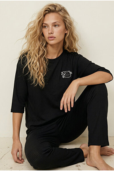 Siyah İnci Μαύρο Soft Touch Λεπτό Πλεκτό Κεντημένο Σετ Πυτζάμες