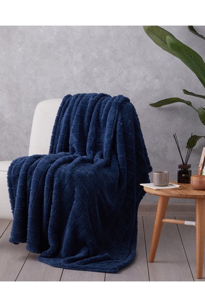 English Home Natural Checkers Jakarlı Wellsoft Tv Battaniye 120x160 cm Gece Mavisi