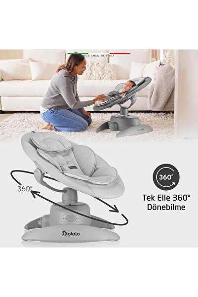 Elele Roma Lüks Elektrikli Otomatik Sallanan Ana Kucağı 360° Dönebilen Kademeli Gri