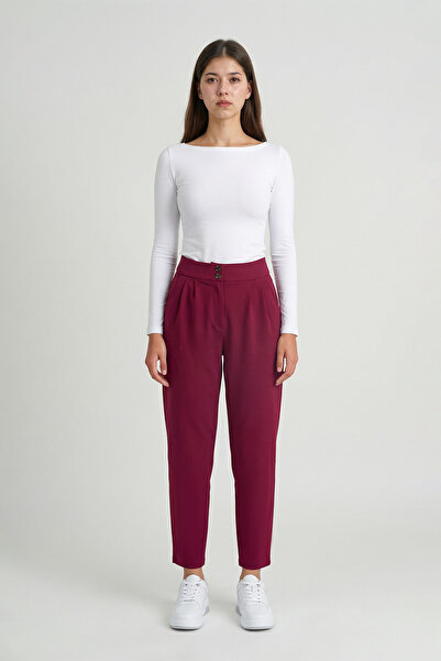 MODASPARK Burgundy High Waist Double Button Pocket Carrot Cut Pleated Women's...