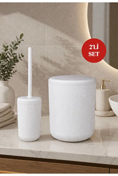 Okyanus Home Linea Kırık Beyaz Çizgili Yuvarlak 2'li Wc Kova ve Fırça Seti