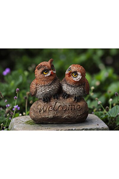 e-life shop Welcome Hoş Geldiniz Yazılı 2’li Baykuş Biblo 25 cm Reçine Heykel...