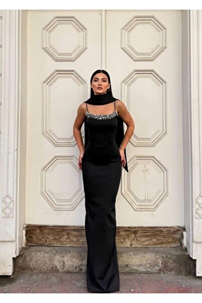 Modafeminen Scuba Esnek Kumaş Taş İşlemeli Fular Detaylı Balık Kesim Abiye El...