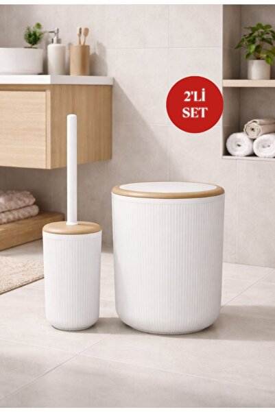Okyanus Home Linea Due Kırık Beyaz Çizgili Yuvarlak 2'li Wc Kova ve Fırça Seti