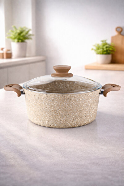 LAVONNI Diez 28 cm Granit Deep Pot Cappuccino Glass Lid Fireproof Non-Stick